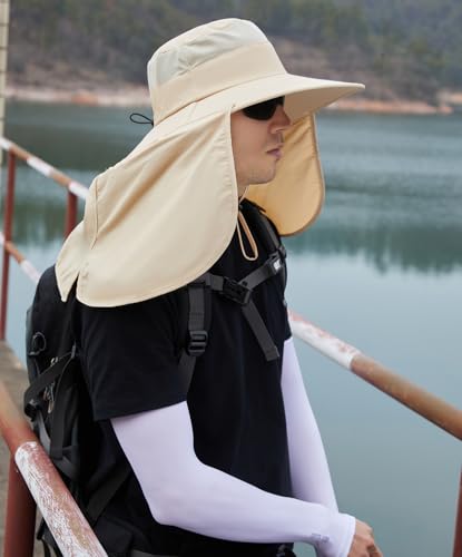HUAMULAN Women Men Wide Brim Sun Hat Hiking Fishing Hats with Neck Flap - color: Beige With Mesh Panel