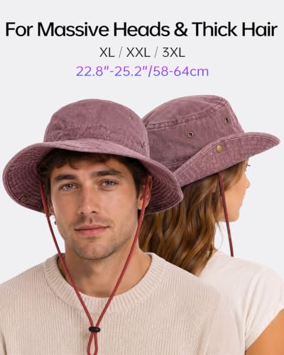 Zylioo XXL Boonie Hat for Big Heads, Wide Brim Sun Hat with Chin Strap - color: Wine Red, size: XX-Large-3X-Large