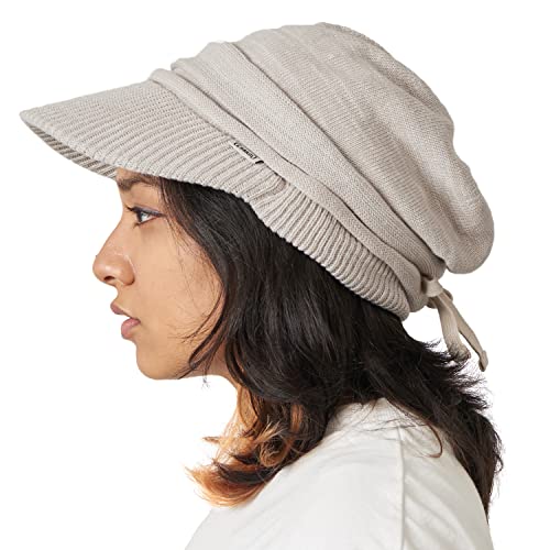 CHARM Organic Cotton Slouchy Visor Beanie - Women Slouch Hat Mens Baggy Knit Chemo Hat - color: Mix Beige