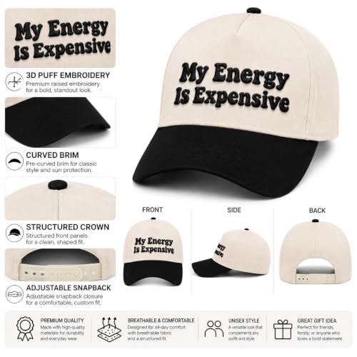 Embroidered Trucker hat for Women Men Baseball Hat Adjustable Unisex Cotton for Soccer Supporters - color: My Energy is Expensive Black