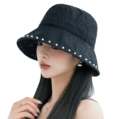 Summer Hats Women 2026 Fashionable Wide Brim Bucket Hat Lace Sunhat Slouchy - color: Black