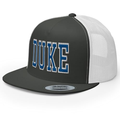 NG Duke Flat Bill Embroidered Trucker Hat High Crown Adjustable Cap - color: Charcoal/ White