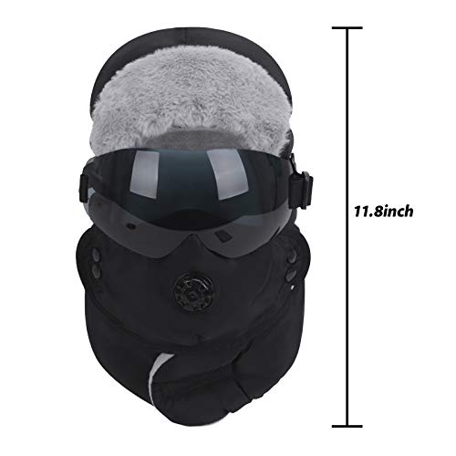 Winter 3 in 1 Thermal Fur Lined Trapper Hat with Ear Flap Full Face Warmer Cover Windproof Cycling Motorcycle Headwear - color: Black Fur Cap+black Windproof Glasses