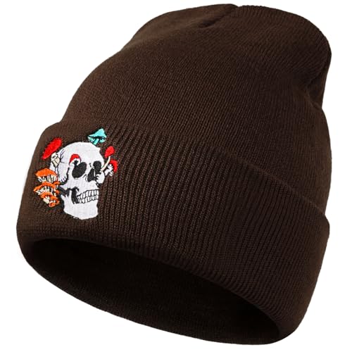 Gothic Skull Beanie Hats for Men Women, Skeleton Cuffed Winter Hat for Goth Gifts, Indoor and Outdoor Outfit Matching - color: 03.brown/Mushroom