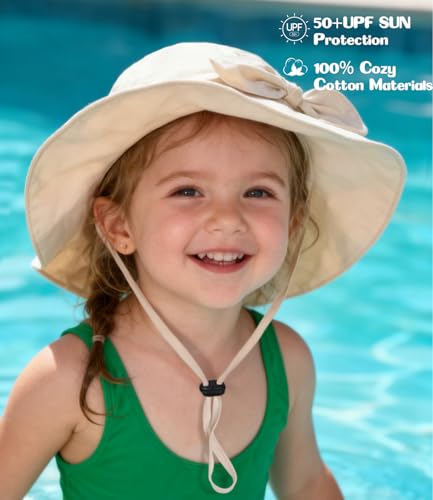 Baby Girl Sun Hat with UPF 50+ Outdoor Adjustable Beach Hat with Wide Brim Bucket Hats - color: Beige, size: 2-3T