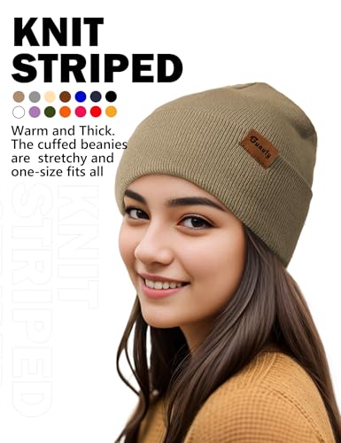 Beanie Hats for Men Women Knit Winter Hat, Warm Skull Stocking Cap, Striped Snow Hat Heated Cuffed Beanie - color: 2p-black+deep Khaki