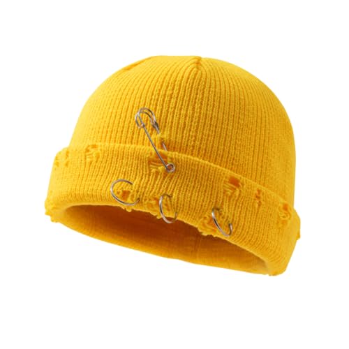 Unisex Adult Hip-hop Distressed Beanie with Iron Ring Punk Grunge Knitted Ripped Hat - color: Yellow