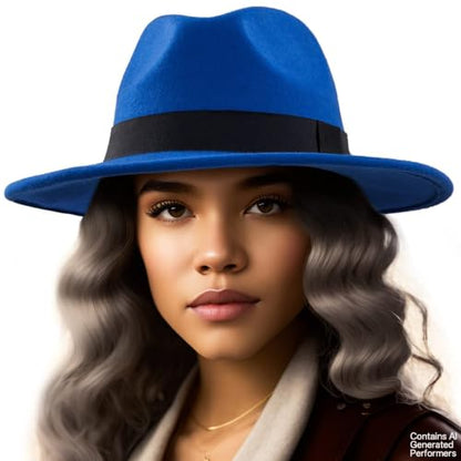 Felt Wide Brim Fedora Hats for Women Men, with Band Belt Buckle, Adjustable - color: 010 Blue