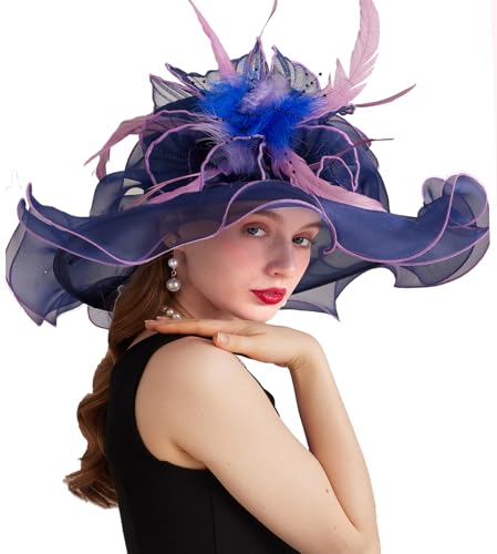 Women Derby Church Hat Organza Flower Wedding Tea Party Fascinator Wide Brim Sun Hat - color: 16-navy Blue