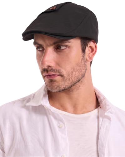 ZLYC Men Cotton Flat Cap Summer Scally Newsboy Beret Driver Hat - color: Button Decor Black