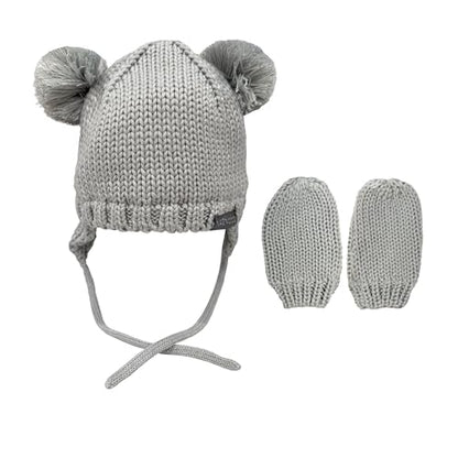 Knitted Colorful Double Pom-Pom Baby Hat and Mittens Set|Warm Winter Newborn Essentials for Boys and Girls 0-6 Months - color: Grey