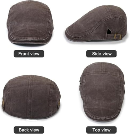 Initlove Mens Newsboy Cap Washed Beret Ivy Hat Flat Hats for Cabbie Driving - color: Black + Coffee