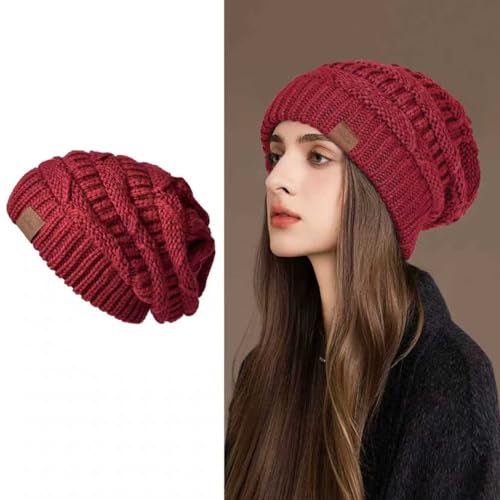 Women's Knitted Angora Wool Hat for Autumn and Winter Warm and Stylish with Rolled Brim and Slanted Rhinestones Cap - color: Z-wine Red