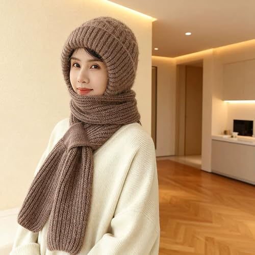 Women Winter Warm Elastic Soft Ear Protection Knitted Scarf Hat Fleece Lined Beanie Hat - color: Khaki