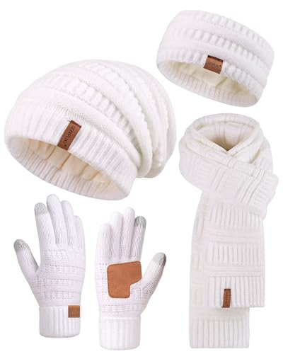 Womens Winter Beanie Hat Scarf Gloves Headband Set, Slouchy Beanie Ear Warmer Knit Scarf Touchscreen Gloves Warm 4 Gift Set - color: White