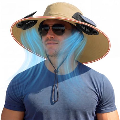Zaximap Solar Fan Hat with Steel Brim for Men Women UPF 50+ Garden Outdoor Fishing Beach Essential - color: Khaki