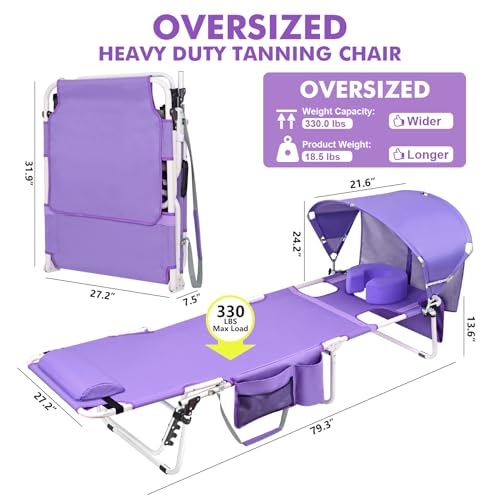 Oversized Extra Wide Tanning Chair with Sun Canopy Face Hole Padded Adjustable Washable, Heavy Duty Layout Folding Lounge Chair for Outside Beach Reading Sunbathing, UPF 50+, XL, Plus Size, 330 LBS - color: Purple, size: Oversized