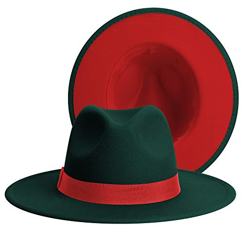 Womens & Mens Fedora Hats, Wide Brim Fedora Hats for Women Men - color: Ge-darkgreen/Red, size: Large-X-Large