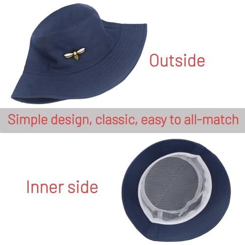 Cotton Bucket Hat for Women Men Summer Travel Sun Beach Bucket Cap, Unisex Outdoor Fisherman Hat - color: Bee Navy Blue