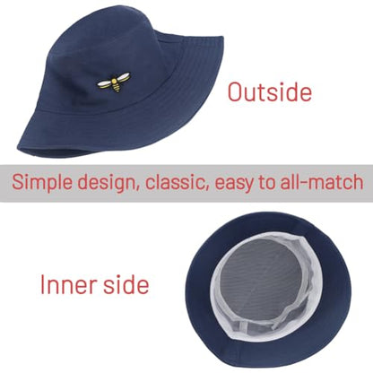 Cotton Bucket Hat for Women Men Summer Travel Sun Beach Bucket Cap, Unisex Outdoor Fisherman Hat - color: Bee Navy Blue