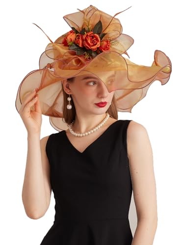 ORIDOOR Women Hats Headband Hairpin Organza Fascinator Church Hat Floral Tea Party Wedding Hat - color: 005 Orange Gold