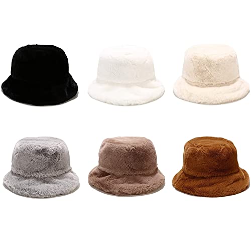 Winter Faux Fur Furry Bucket Hat Fluffy Fuzzy Warm Hat Plush Fisherman Hat for Women Men Teens Girls - color: A Grey