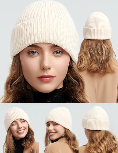 vidsel 50% Wool Thick Beanie Hat Men Women, Seamless Cuffed Winter Knit Cap - color: 1pcs Beige