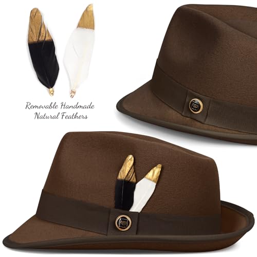 Fedora Hats for Men & Women Short Brim Felt hat Trilby Fedora with Feather Panama Dress Hat - color: Brown, size: Medium