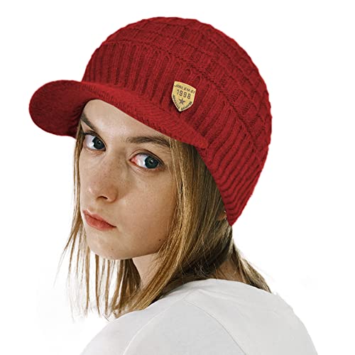 Women's Soft Knitting Visor Beanie Winter Hat with Brim Fleece Lining Baseball Cap - color: Red