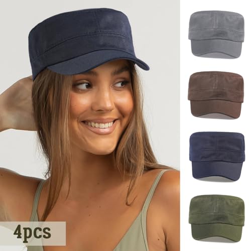 Glamorstar Unisex Cadet Army Hats 4 Pieces Military Flat Top Newsboy Cap - color: Grey+navy+amry Green+brown
