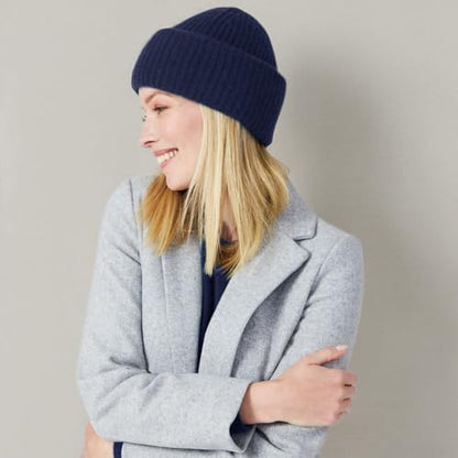 Style Republic Women’s Chunky Knit Beanie, 100% Pure Cashmere Cap, Soft & Stretchy, Warm Hat for Autumn, Winter, Spring - color: Navy