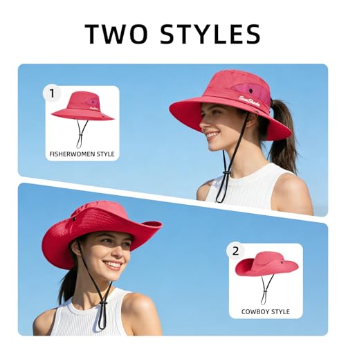 Rosoz Ponytail Sun Bucket Hats for Women UV Protection Foldable Wide Brim - color: 1 Pack-pure Watermelonred