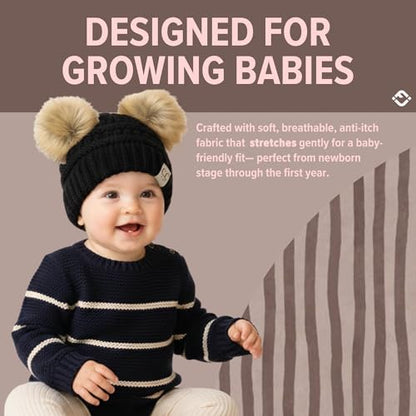 Funky Junque Double Pom Pom Baby Beanie – Newborn Girl Winter Hat 0–12 Months, Cute Cozy Knit Infant Beanies for Cold Weather - color: Black - Faux Fur Pom (2 Pom)