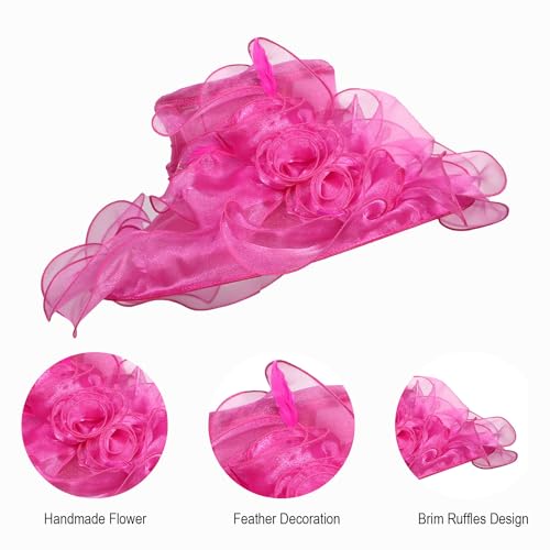 Women Oganza Sun Hat Church Wide Brim Wedding Formal Fascinator Hat - color: Rose