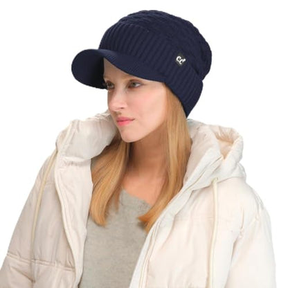 C.C Fuzzy Fleece Lined Warm Oversized Chunky Soft Stretchy Oversized Two Way Ribbed Slouchy Knit Hat with Visor Brim - color: Navy Blue