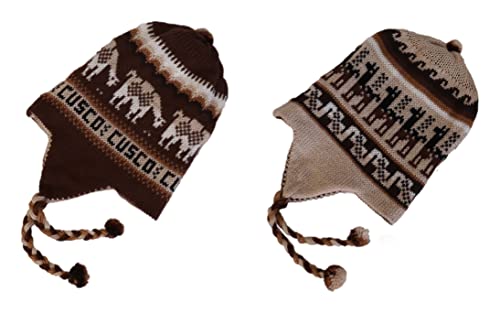 Alpaca Wool Blend Winter Hat Chullo Inca Peruvian Design Reversible with Earflaps. Beanie Medium Size. Unisex - color: Brown/Beige