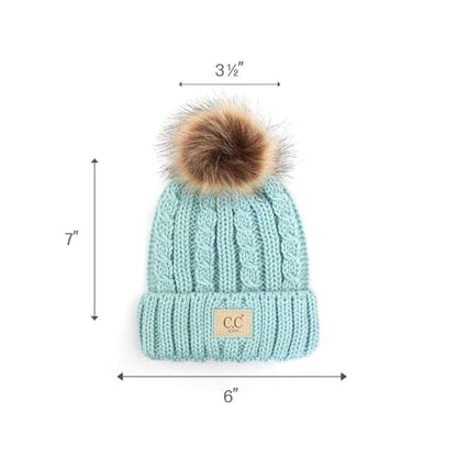 C.C Kids' Suede Patch Snuggly Soft Warm Knit Pom Cuff Beanie - color: Cable Knit Faux Fur, Mint