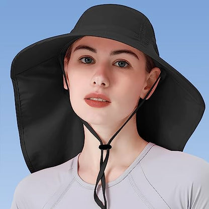 Womens Sun Hat UV Protection, Foldable Waterproof Wide Brim Bucket Hats with Neck Flap for Summer Beach Fishing Hiking - color: Black