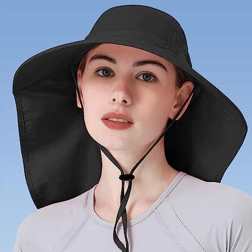 Womens Sun Hat UV Protection, Foldable Waterproof Wide Brim Bucket Hats with Neck Flap for Summer Beach Fishing Hiking - color: Black