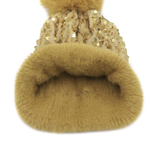 Women Sparkly Sequins Knitted Beanie Hat Warm Winter Skull Cap with Faux Fur Pom Pom - color: Light Gold