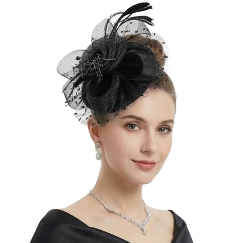 DRESHOW Fascinators Hats for Women Tea Party Hat Vintage Derby Pillbox Kentucky Hat Church Cocktail Headwear - color: 1 Pack Flower Feathers: Black