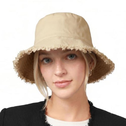 CHOK.LIDS Frayed Bucket Hat Washed Cotton Floppy Wide Brim Boonie Cap - color: Latte