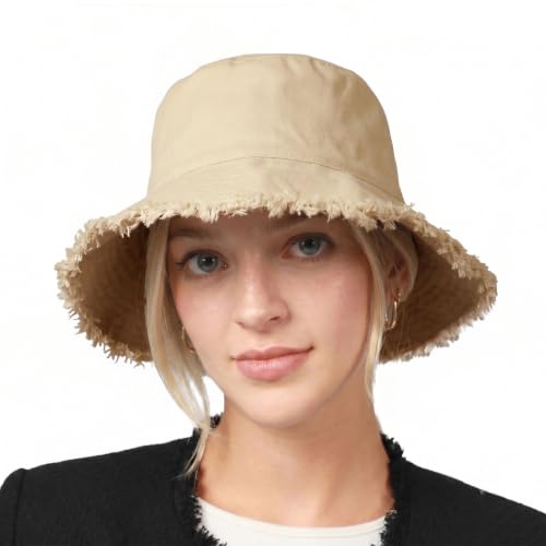 CHOK.LIDS Frayed Bucket Hat Washed Cotton Floppy Wide Brim Boonie Cap - color: Latte