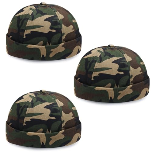 DIYDECAL 3 Pack Mens Brimless Skullcap Sailor Docker Cap Rolled Cuff Retro Beanie Hat - color: Camo