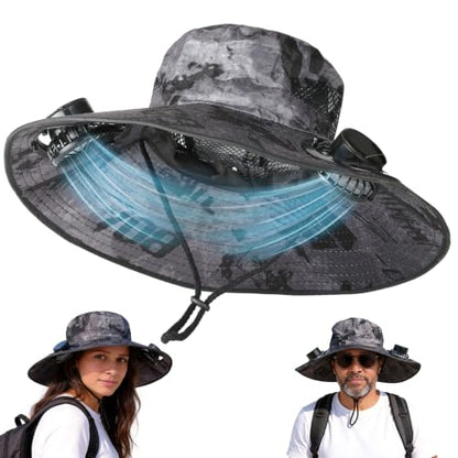Hat with Fan Wide Edge, Waterproof Solar Powered Fan Hat with 2 Solar Fans 3-Speed Adjustable for Men and Women - color: Camouflage Gray