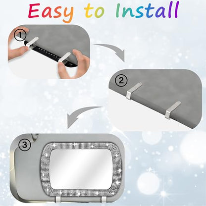 BFXM Car Visor Mirror, Clip-On Car Mirror Vanity with White Bling Diamonds - color: White