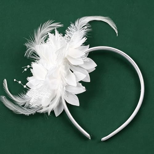 White Flower Headband, Floral Feather Hairband with Pearl Design Party Headband for Women Wedding Headpiece Fascinator Party Hair Accessories Carnival Hair Hoop - color: White