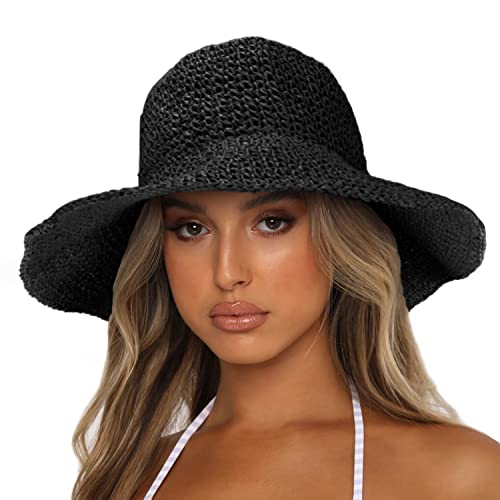 Womens Sun Hats Wide Brim Summer Beach Hat for Women Foldable Travel Straw Hat UPF50+ - color: A-black