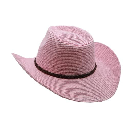Straw Cowgirl Hat for Women Cowboy Hats for Men Wide Brim Sun Hat Shapeable Western Hat Beach Hat - color: Pink