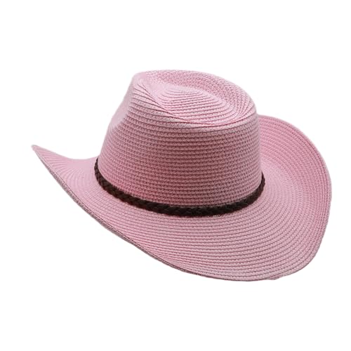 Straw Cowgirl Hat for Women Cowboy Hats for Men Wide Brim Sun Hat Shapeable Western Hat Beach Hat - color: Pink